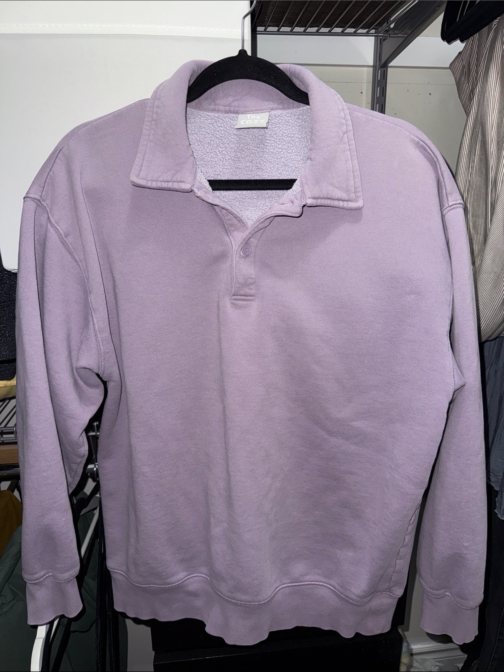 TNA Cozy Fleece Lavender Long-Sleeve Polo Sweatshirt